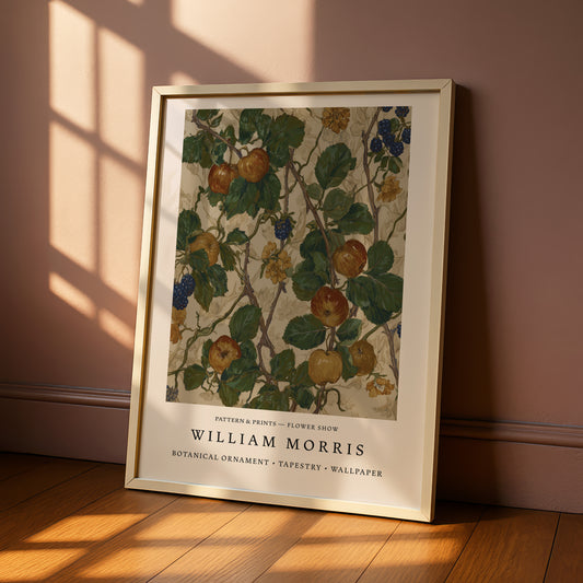 A framed print of a botanical ornament featuring a detailed illustration of a tree with various fruits and leaves.