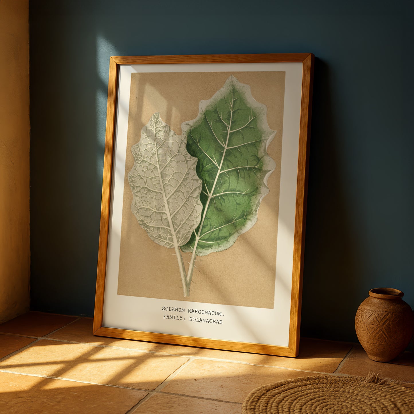 a framed botanical illustration of two leaves, one green and one white, placed on a wooden floor against a blue wall.