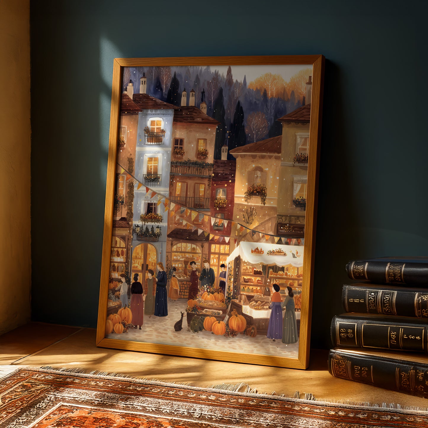 a painting of a lively street scene with people, buildings, and a market filled with pumpkins.