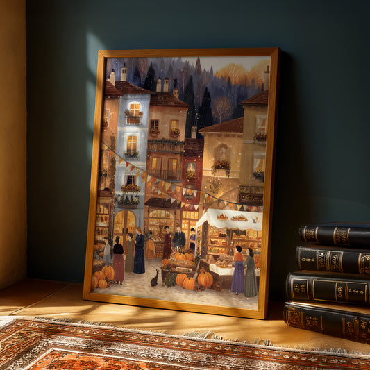 a painting of a lively street scene with people, buildings, and a market filled with pumpkins.
