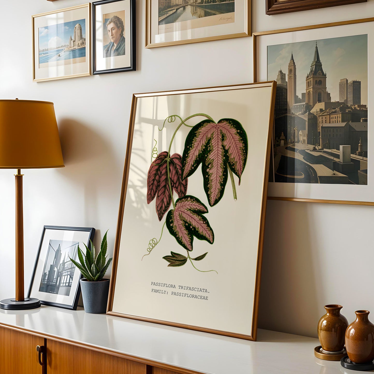 a framed botanical illustration of a plant with large leaves, displayed on a shelf or table. The plant appears to be a fern or fronds, with a cityscape visible in the background. The image also includes a lamp, a vase, and a framed picture, creating a decorative and visually appealing display.