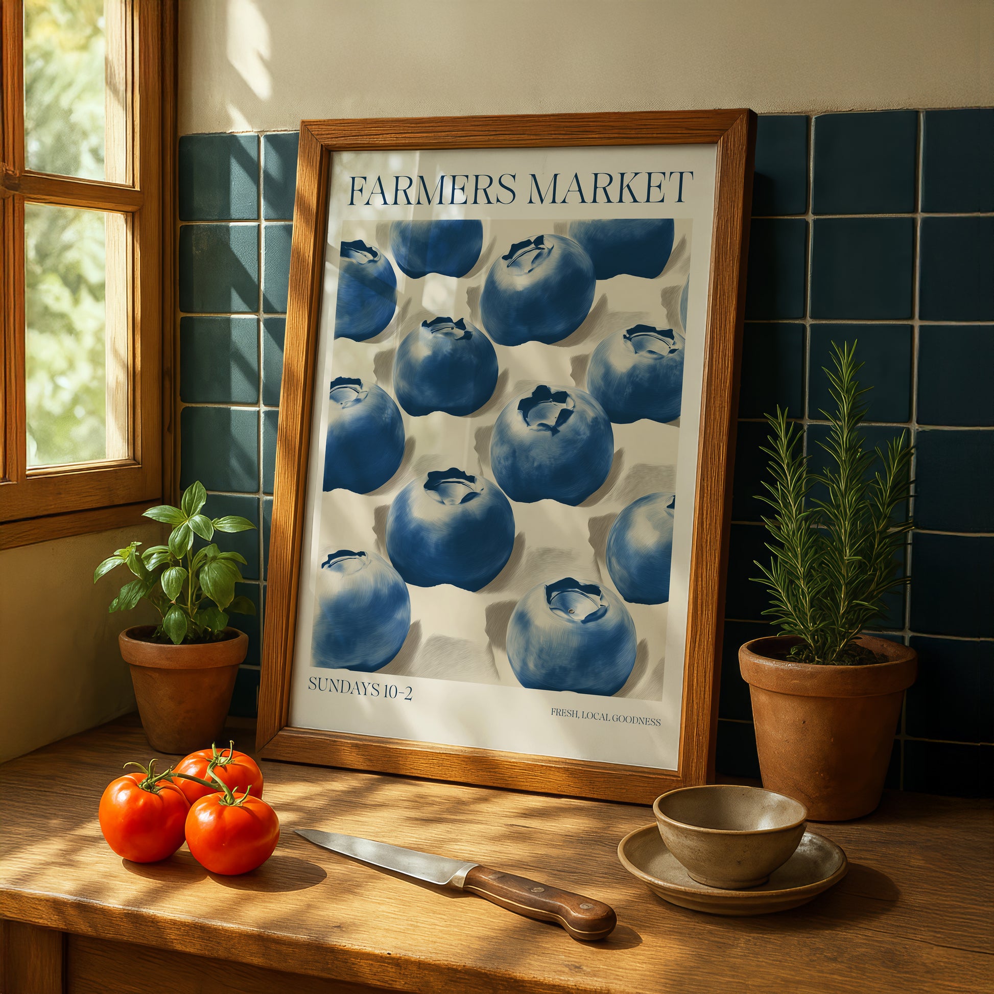 a framed poster of blueberries on a kitchen counter, with a knife, potted plants, and a bowl of fruit nearby.