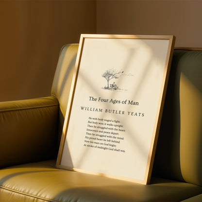 a framed quote by William Butler Yeats, titled "The Four Ages of Man", resting on a brown leather couch.