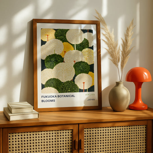 a framed poster of a botanical illustration of flowers, placed on a wooden cabinet or shelf. Next to the poster, there is a vase with pampas grasses and a stack of books.