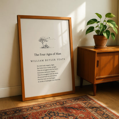 a framed poem titled "The Four Ages of Man" by William Butler Yeats, standing on a wooden floor next to a potted plant.