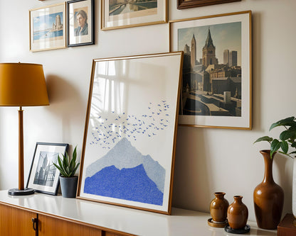 Minimalist Mountain Print with Birds