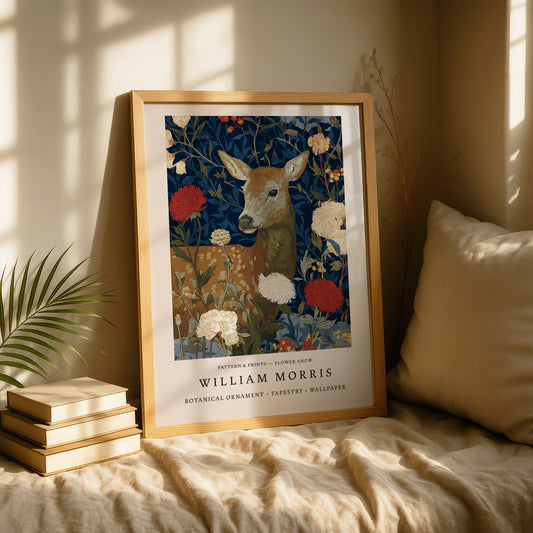 A framed print of a deer standing amidst a floral background is displayed on a bed, with a stack of books and a plant nearby.