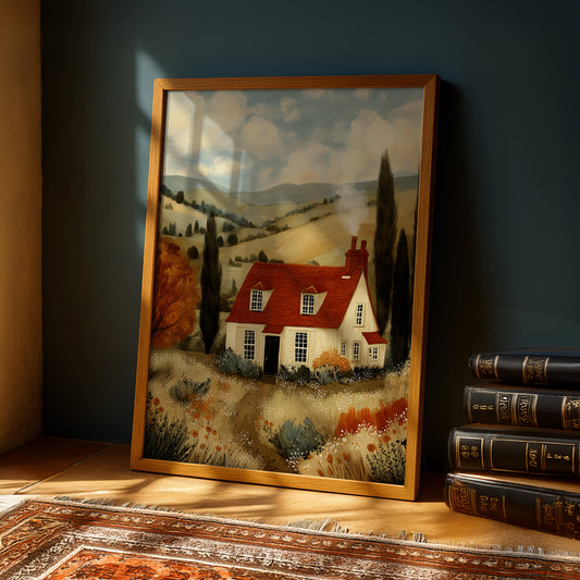A framed painting of a red-roofed house set against a picturesque countryside landscape, with a blue sky and fluffy clouds in the background.