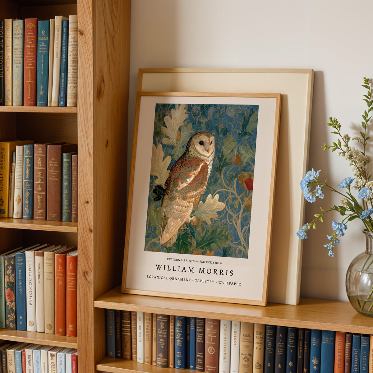 A framed print of a colorful owl is displayed on a bookshelf, surrounded by various books and a vase of flowers.
