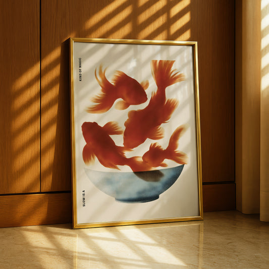 a framed artwork depicting three goldfish swimming in a bowl.
