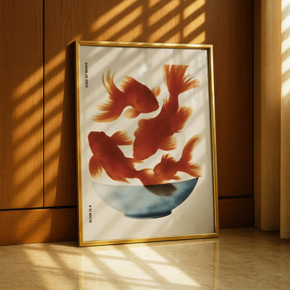 a framed artwork depicting three goldfish swimming in a bowl.