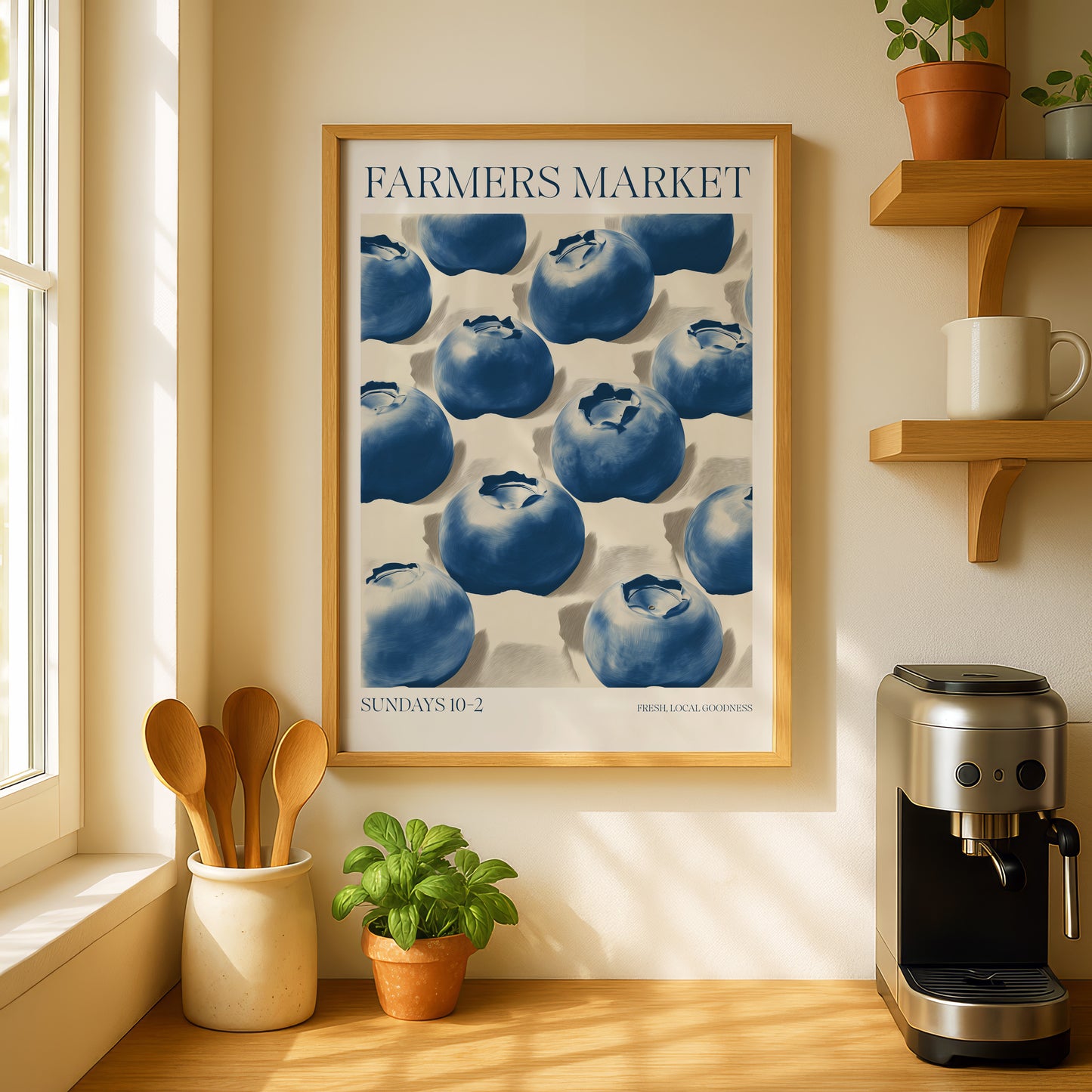 a kitchen counter with a framed poster of blueberries hanging on the wall above a coffee maker. The poster has a blueberry design and the text "Farmers Market" written on it. The kitchen counter also has a plant, a coffee maker, and a wooden shelf with a potted plant.