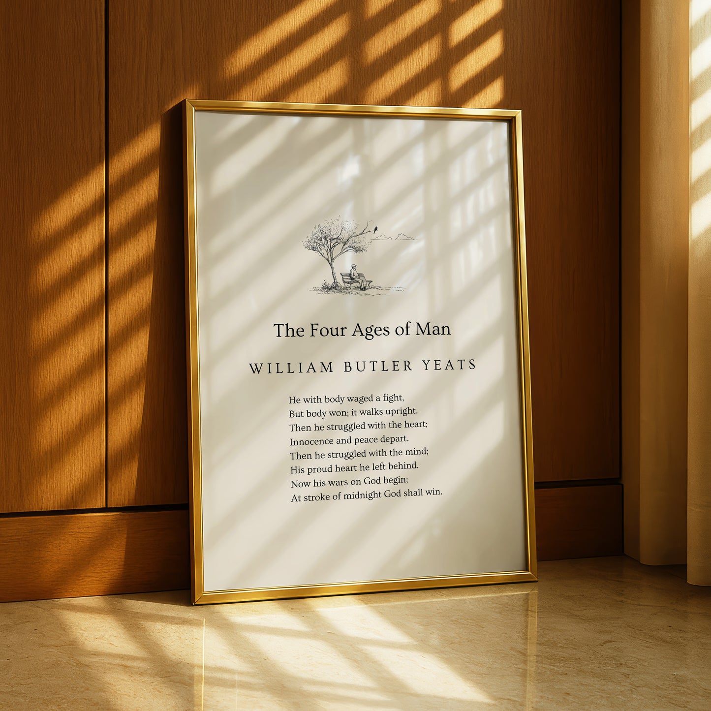 a framed poster titled "The Four Ages of Man" by William Butler Yeats, which is displayed on a wooden floor against a wooden wall.