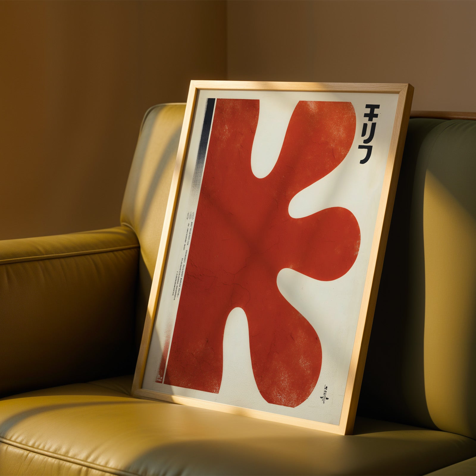 a framed artwork with a large red shape on a white background, placed on a yellow couch.