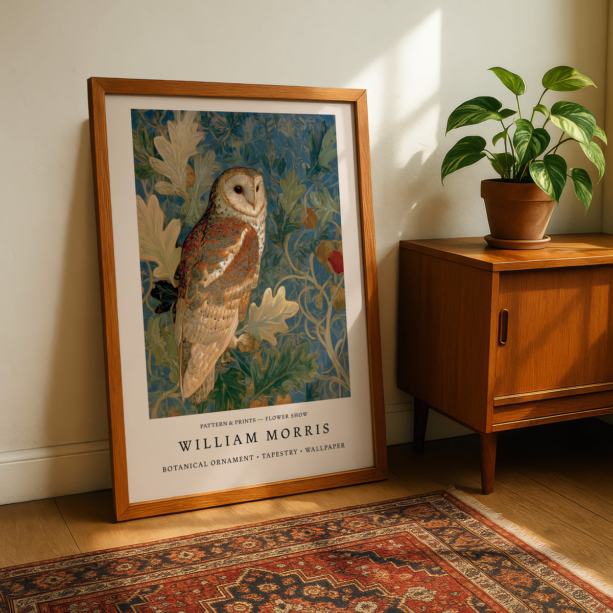 A framed painting of a brown owl is displayed on a wooden cabinet in a room with a potted plant and a rug.