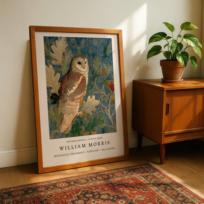 A framed painting of a brown owl is displayed on a wooden cabinet in a room with a potted plant and a rug.