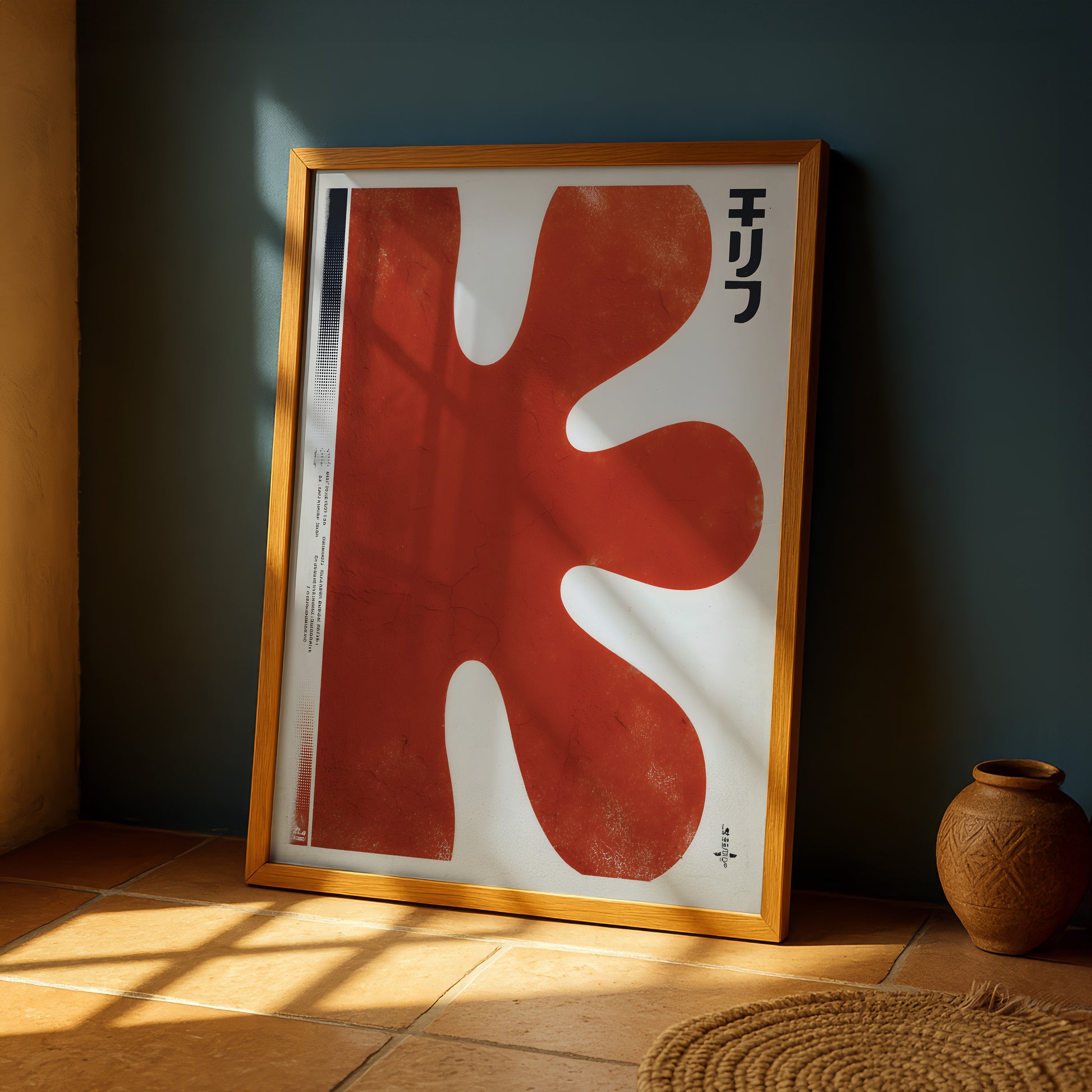 a large, abstract red shape with a black text element on a white background, displayed in a wooden frame on a tiled floor.