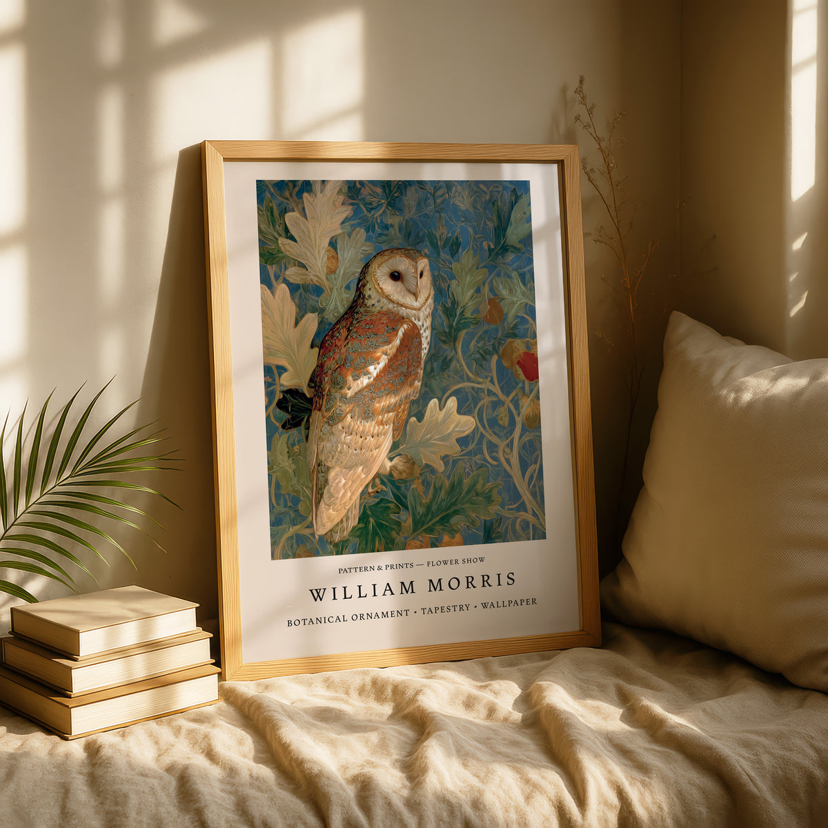 A framed print of a painting of an owl is displayed on a bed, with a stack of books and a plant nearby.