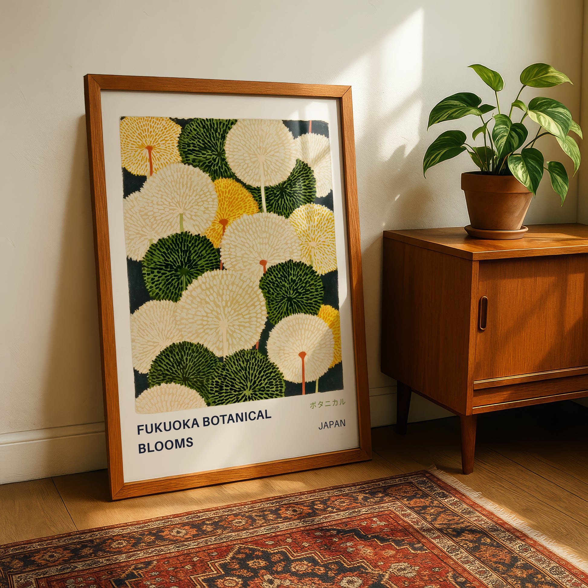 a framed poster of a botanical illustration of white and green flowers, placed on a wooden floor next to a potted plant and a wooden cabinet.