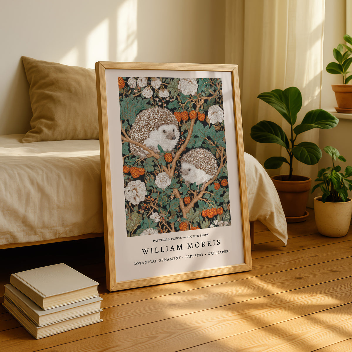 A framed print of a hedgehog illustration is displayed on a wooden floor, surrounded by books and potted plants.