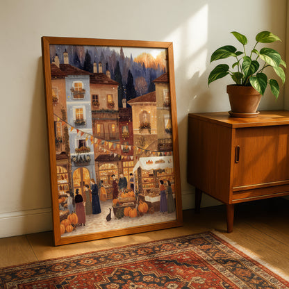 a large framed painting depicting a lively street scene with people, buildings, and a market, all bathed in warm, autumnal lighting.