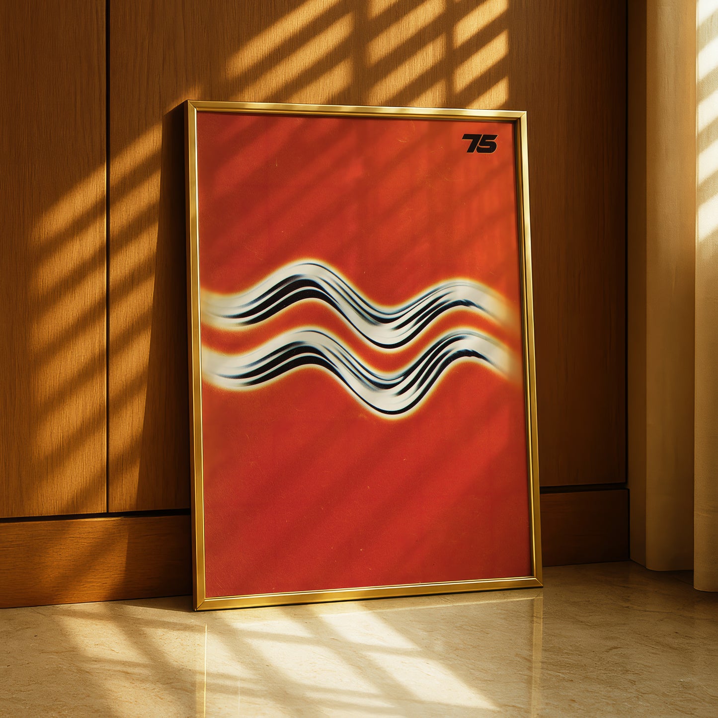 a vibrant red abstract artwork with a bold black and white wave design, displayed on a wooden wall.
