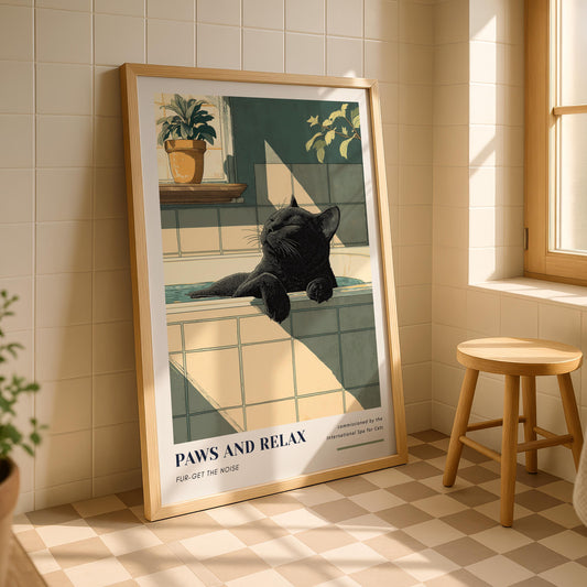 Black Cat Bathtub Print - "Paws and Relax"